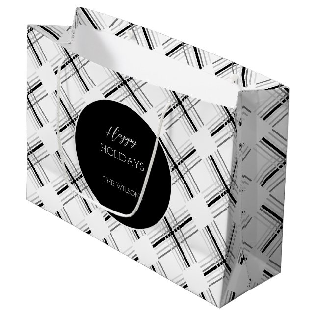 Urban Grey Tartan Muster mit schwarzer Geometrie Große Geschenktüte (Vorderseite Schrägansicht)