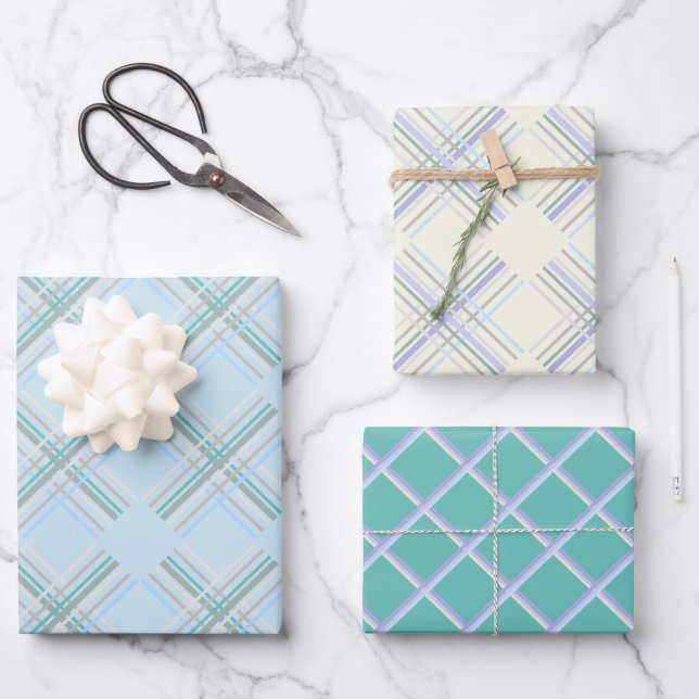 Urban Modern Blue Turquoise Tartan Muster Geschenkpapier Set (Vorderseite)