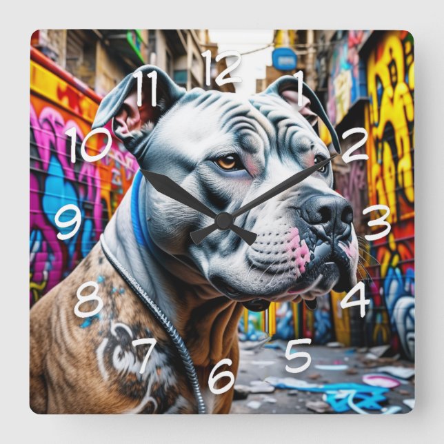 Urban Pitbull City Street Art Graffiti Quadratische Wanduhr (Vorderseite)