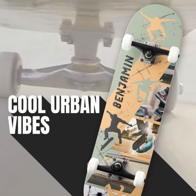 Urban Skater Foto Collage Sage Green und Tan Skateboard (Urban Skater Photo Collage Sage Green and Tan Skateboard ©Susanne Sachers - Sunny Wanderlust 🌞✈️)