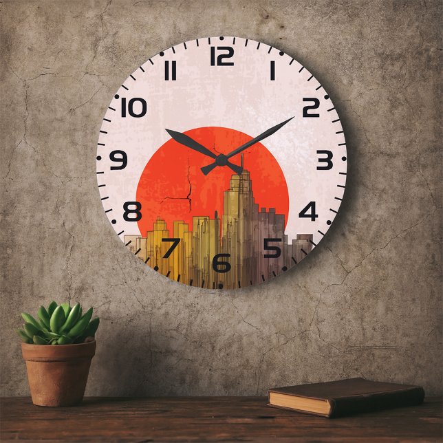 Urban Skyline mit Red Sun Grunge City Große Wanduhr (Von Creator hochgeladen)