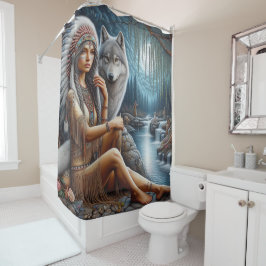 Ureinwohner und Wolf am Bach Duschvorhang