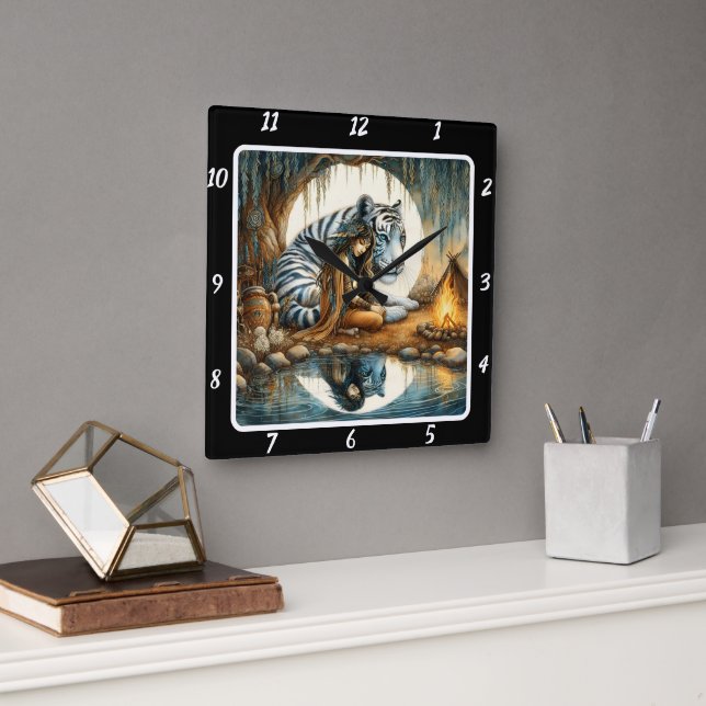 Ureinwohner: Wald Glade Tiger Roar Quadratische Wanduhr (Büro)