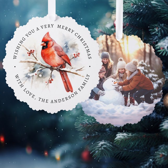Urinfarbe des roten Kardinals Foto Ornament Karte (Red cardinal watercolor custom photo ornament card)