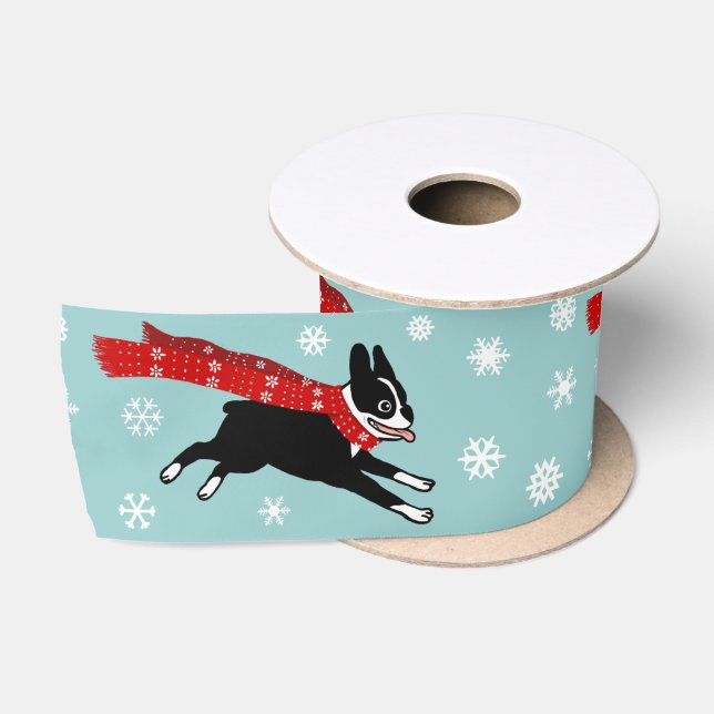 Urlaub Boston Terrier mit Snowflakes Weihnachten Satinband (Spule)