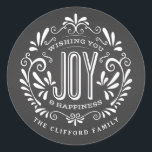 URLAUB CHRISTMAS CHALK ART ORNAMENT STICKERS<br><div class="desc">WÜNSCHEN SIE SICH UND GLÜCKLICH: Helle und fröhliche Kalkboard-Stil Weihnachtsschmuck mit Retro-Banner, Vintage Schwarz-Weiß-Typografie und extravagante Wirbel. Personalisieren Sie dieses dekorative ROUND-Label mit Ihrem Familiennamen oder Ihren persönlichen Gruß. Perfekt zum Abdichten von Umschlägen oder als Geschenketiketten. Moderne, klassische, moderne und stilvolle Art und Weise, um angesagte, fröhliche Winterurlaub Wünsche an...</div>