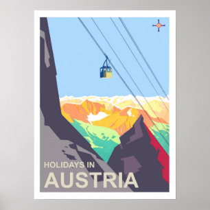 Urlaub in Österreich, Luftseilbahn, Vintage-Reise Poster
