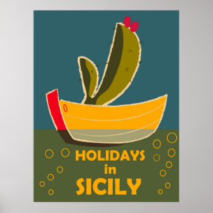 Urlaub in Sizilien, Italien, Jahrgang Reise Poster