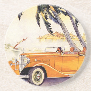 Urlaub mit der Familie im Cabrio-Oldtimer Sandstein Untersetzer