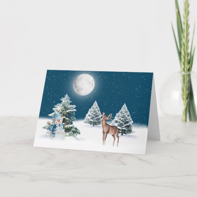 Urlaub Snowman und Rehe im Winter Mondschein Karte (Vorderseite)