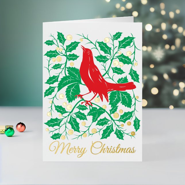 Urlaubskarte Roter Bird & Holly Faltes Foil (Feiertag In Situ 2)