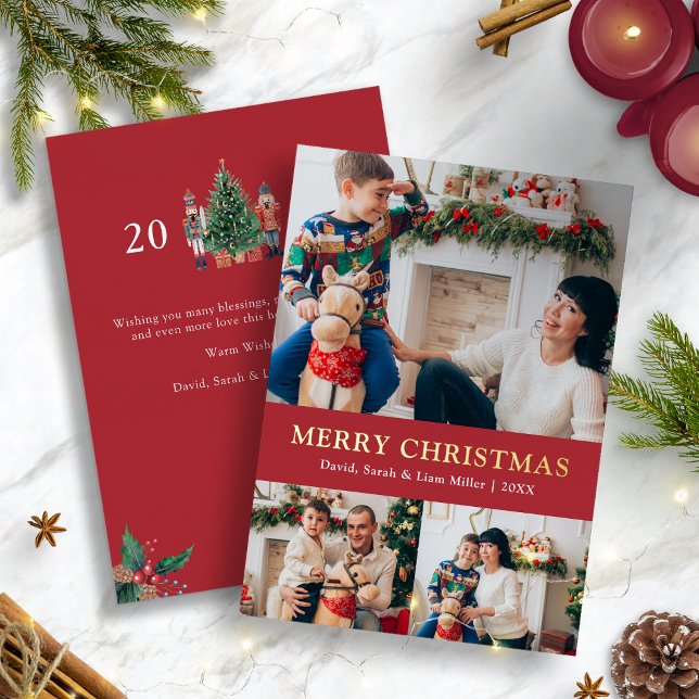 Urlaubskarte Rotes Foto Folien Feiertagskarte (Holiday Red Nutcracker 2025 Gold Foil Photo Christmas Card by Painted Paperie
)