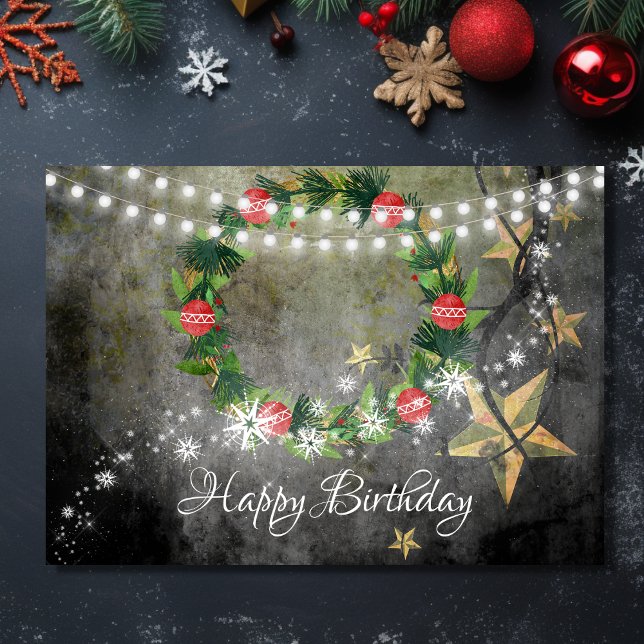 Urlaubskranz, Sterne und Lichter mit Schnee zum Ge Karte (Front - Holiday Wreath, Stars n Lights with Snow Birthday Card)