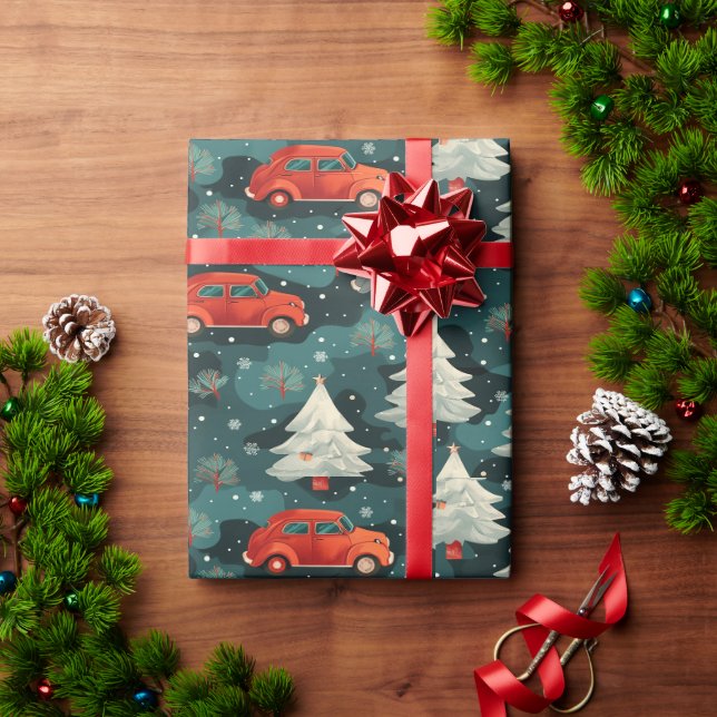 Urlaubspapier mit Autos und Bäumen Geschenkpapier (Feiertagsgeschenk)