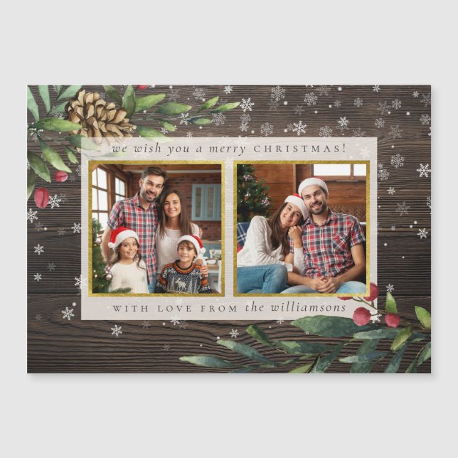 Urlaubsprigs Rustikales Holz & Gold Weihnachtsfest Magnetkarte (Vorderseite)