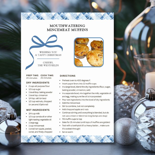 Urlaubsrezeption Mincemeat Muffins Weihnachtskarte Feiertagskarte (Dusty Blue Check Holiday Recipe Mincemeat Muffins Christmas Card)