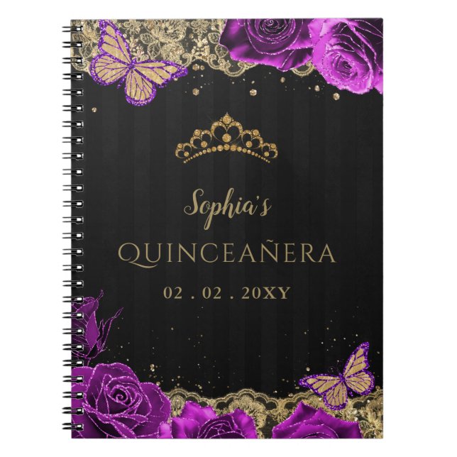 urple Rose Black Gold Lace Quinceñera Gästebuch Notizblock (Vorderseite)