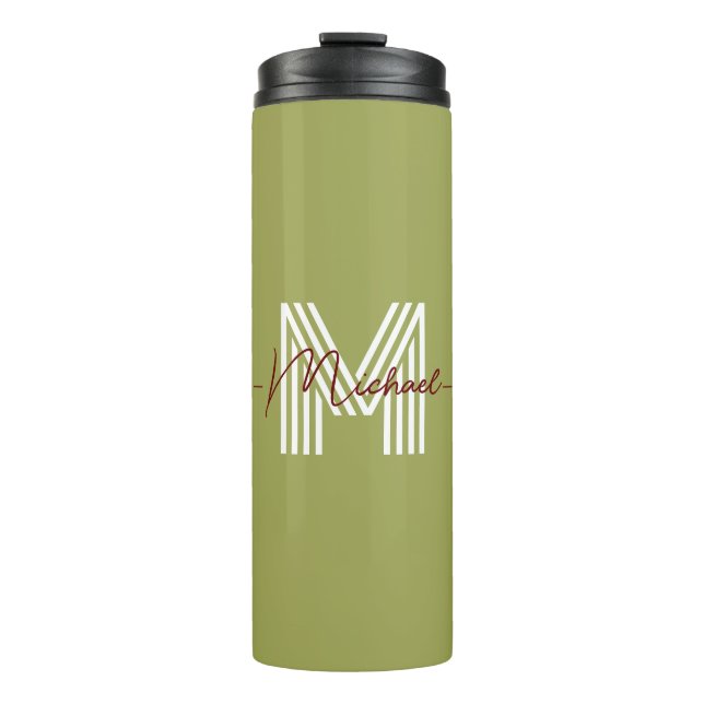 Ursprünglich modern, monogram, olive-grün chic thermosbecher (Vorderseite)