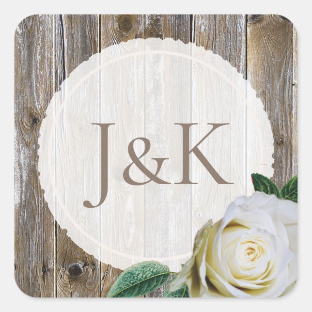 Ursprünglich rustikale Holzrosen-Hochzeitsticker Quadratischer Aufkleber (Vorderseite)