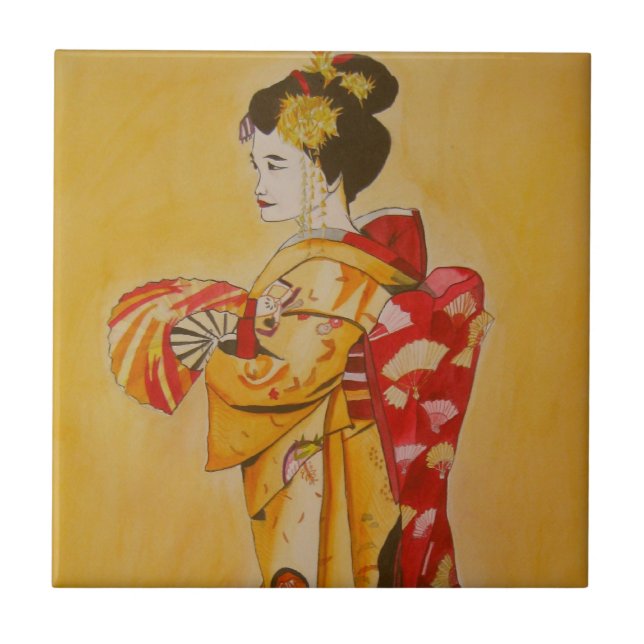 Ursprüngliche Aquarellkunst des GeishagoldKimonos Fliese (Vorderseite)