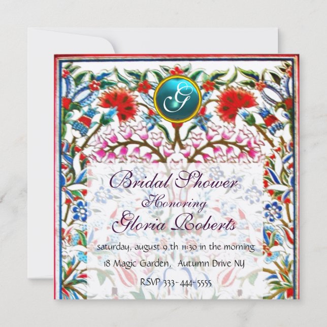 URSPRÜNGLICHE BLUME DAMASK MONOGRAM Blauer Champag Einladung (Vorderseite)