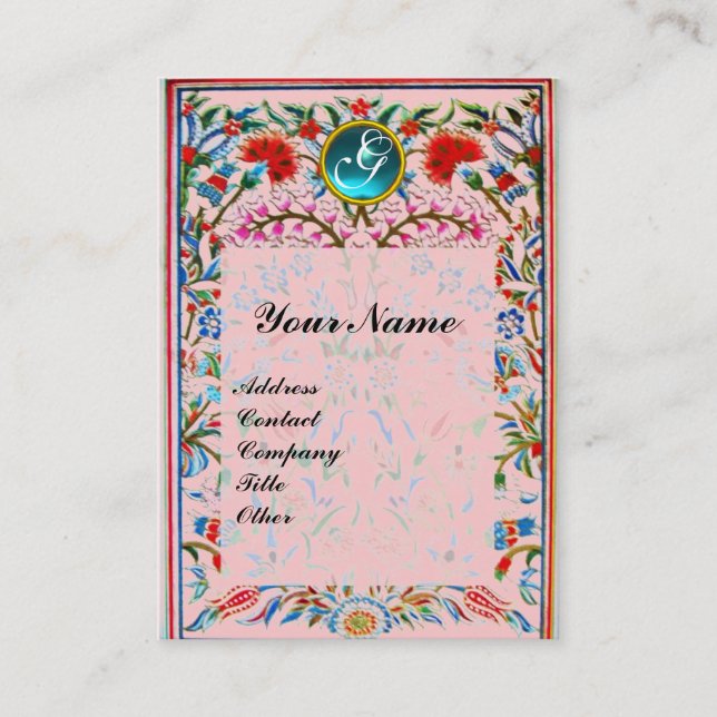 URSPRÜNGLICHE BLUME DAMASK MONOGRAM Blaues Aquamar Visitenkarte (Vorderseite)
