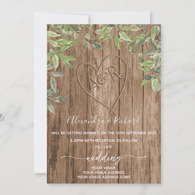 Ursprüngliche Monogramm Holzeffekt geschnitzt Baum Einladung (Vorderseite)