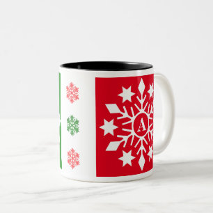 Ursprüngliche Winterschneeflocken Rotes grünes Wei Zweifarbige Tasse