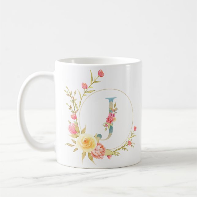 Ursprünglicher Blumenbrief J floraler Rahmen Kaffeetasse (Links)