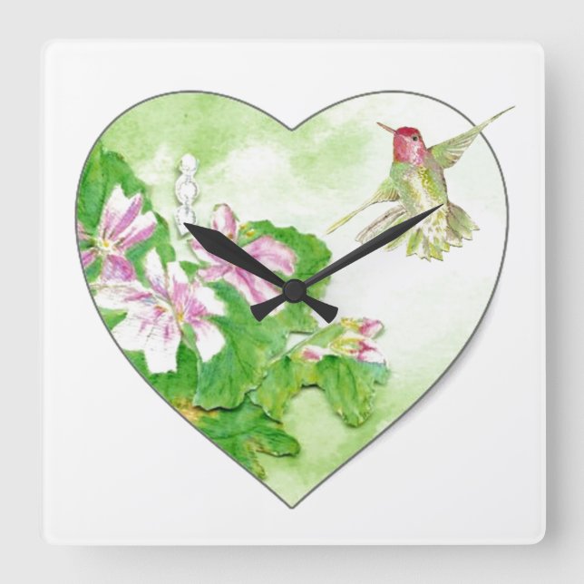 Ursprüngliches Aquarell-Rufous Kolibri-Vogel Quadratische Wanduhr (Vorderseite)