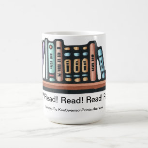 Ursprüngliches Linocut des Regals der Bücher dur Kaffeetasse