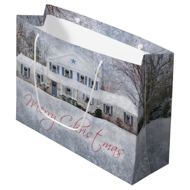 Ursprüngliches Winterschnee Rustikales Open House Große Geschenktüte (Vorderseite Schrägansicht)