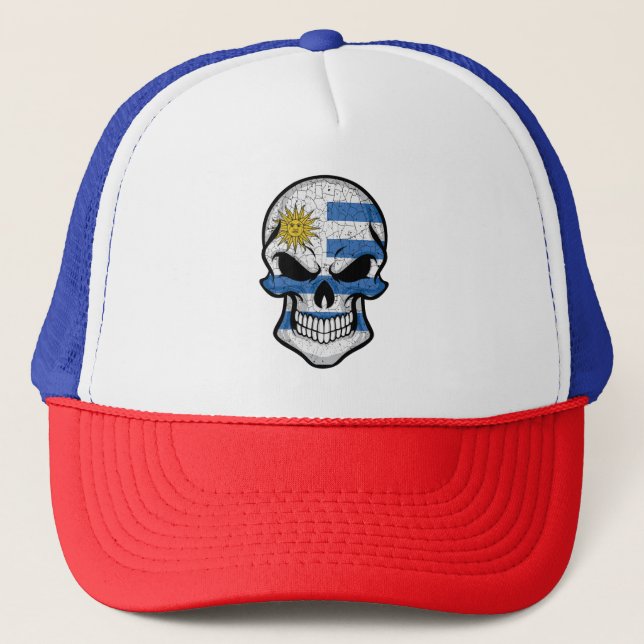 Uruguay lächelnd Schädelflagge Truckerkappe (Vorderseite)