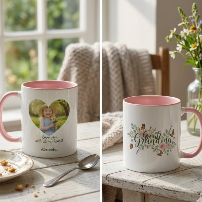 Ururgroßmutter Muttertags-Wildblumen-Foto Tasse (Great Grandma photo wildflower design for a heartwarming Mother's Day gift idea.)