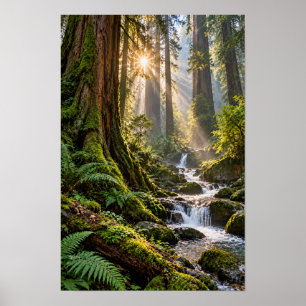 Urwald-Rotwald-Wasserfall-Sonnenlicht-Wandkunst Poster