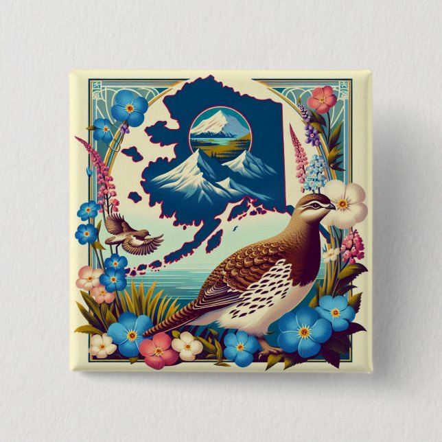 US-Alaska Staat Bird und Blume Design Button (Vorderseite)