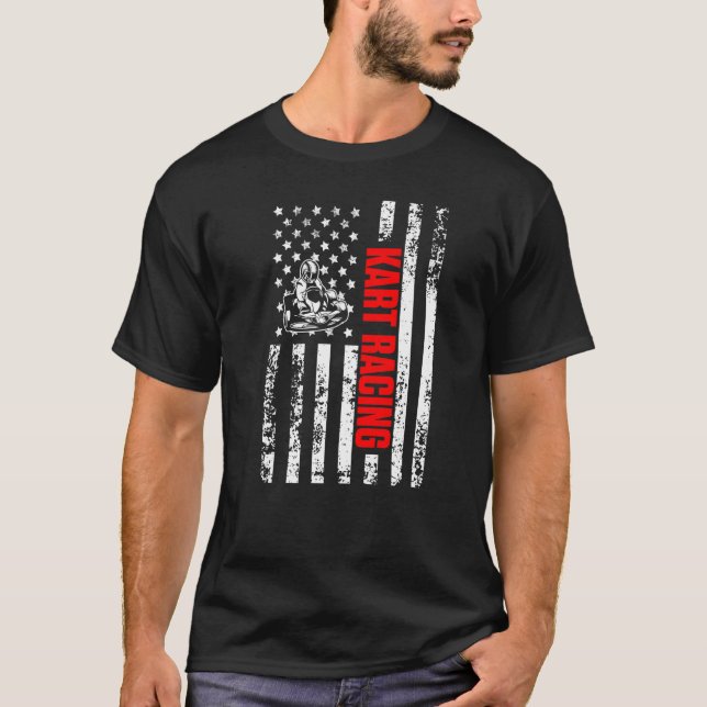 US American Flag Sports Patriotic Go Kart Racing P T-Shirt (Vorderseite)