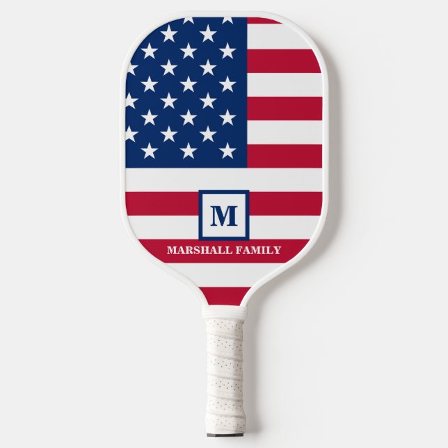 US-amerikanische Flagge Maßgeschneiderte Monogramm Pickleball Schläger (Vorderseite)