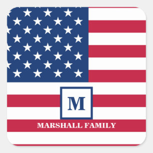 US-amerikanische Flagge Maßgeschneiderte Monogramm Quadratischer Aufkleber