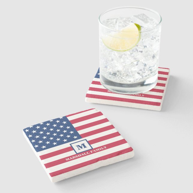 US-amerikanische Flagge Maßgeschneiderte Monogramm Steinuntersetzer (Seitenansicht)