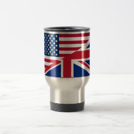 US-amerikanische und britische Flagge mit zwei Tas Reisebecher