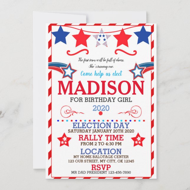 US BIRTHDAY GIRL ELECTION BIRTHDAY INVITATION EINLADUNG (Vorderseite)