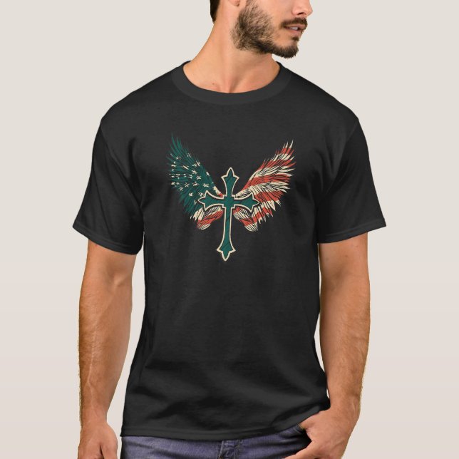 US Flag & Cross, 4th Of July, USA Patriotic Christ T-Shirt (Vorderseite)