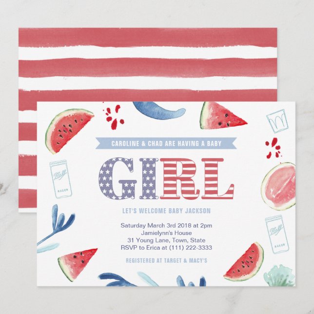 US Flagge Co-ed Baby Dusche für Mädchen Einladung (Vorne/Hinten)