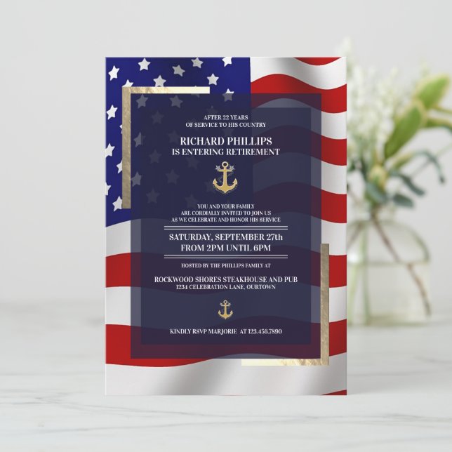 US-Flagge/Gold-Anker-Party für das militärische Ru Einladung (Stehend Vorderseite)