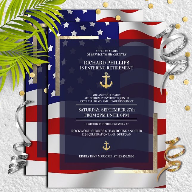 US-Flagge/Gold-Anker-Party für das militärische Ru Einladung (Von Creator hochgeladen)