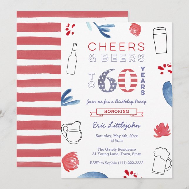 US Flagge Male 60. Geburtstagsparty Einladung (Vorne/Hinten)