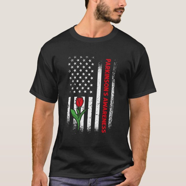 US-Flagge Red Tulip Parkinson's Bewusstsein T-Shirt (Vorderseite)