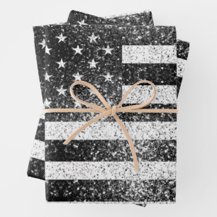US-Flagge Rustic Schwarz-weiß Grau Glitzern Geschenkpapier Set