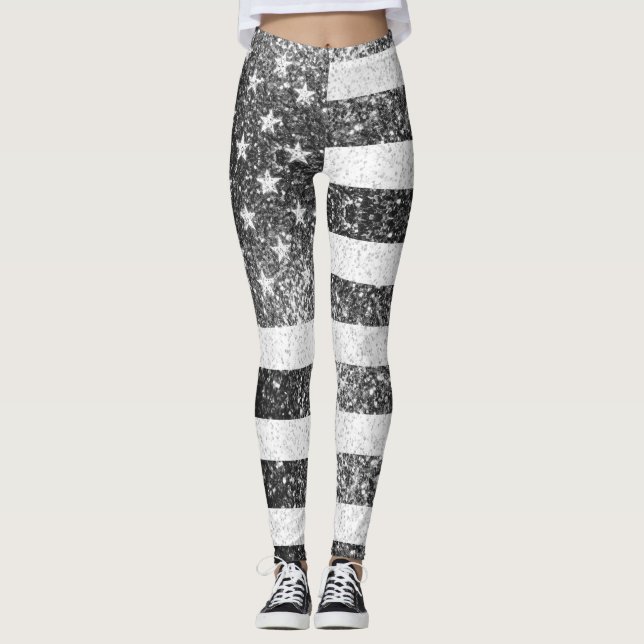 US-Flagge Rustic Schwarz-weiß Sparkle bling 4. Jul Leggings (Vorderseite)